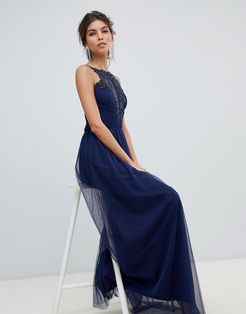 beaded embroidery neckline and gathered waist maxi dress-Navy