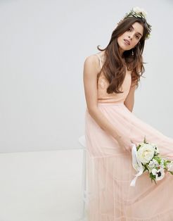 Bridesmaid Sequin Upper Maxi Dress With Tulle Tiered Skirt-Pink
