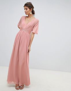 embellished waist and angel sleeve v neck maxi dress-Orange