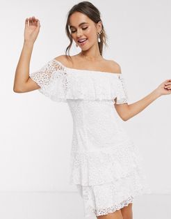 lace ruffle mini dress in white