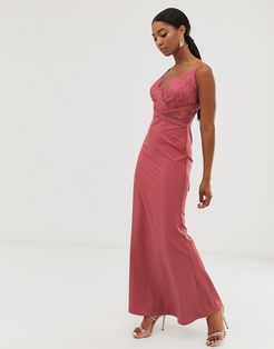 lace top fishtail maxi dress in dark coral-Pink