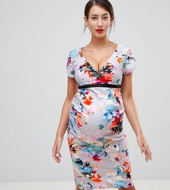 midi pencil dress in full bloom print-Multi