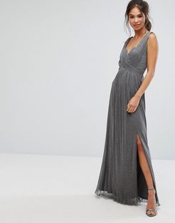 Metallic Jersey Maxi Dress With Wrap Detail-Silver