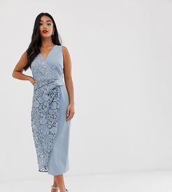 wrap pencil midi dress with lace detail-Blues