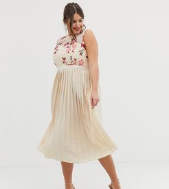 embroidered top midi pleated dress in cream multi