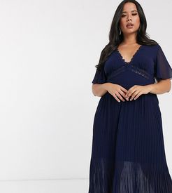 lace insert pleat midi dress in navy-Pink