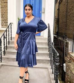 tiered satin midi dress in navy