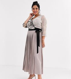 wrap front maxi dress with pleated skirt in mink-Pink