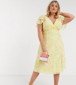 wrap midi dress in lemon floral-Yellow