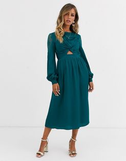 satin midi dress with cut out waist in teal-Blues