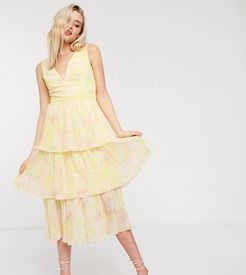 tiered midi dress in lemon floral-Yellow