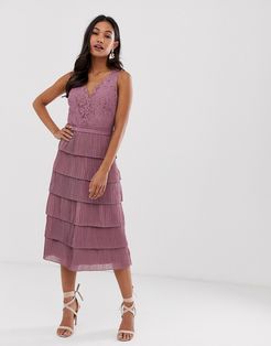 v neck all over lace midi dress-Pink