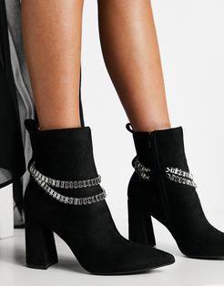 pointed block heel ankle boots in black with crystal chain