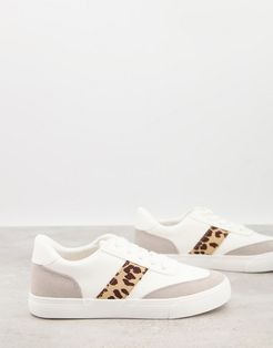 side stripe lace up sneakers in white with leopard