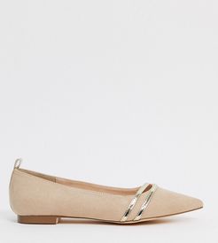 wide fit pointed flat ballets in beige and gold
