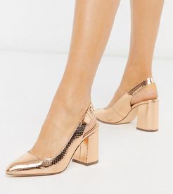 wide fit sling back block heel in rose gold-Copper