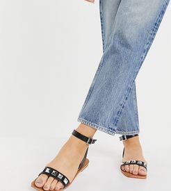 wide fit square toe studded two part flat sandals in black