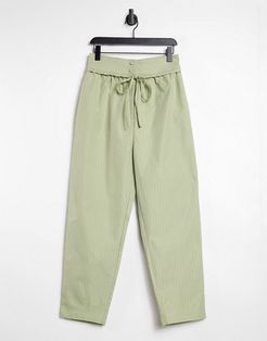 high waist pants with tie waist detail in sage pinstripe-Green