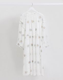 midaxi dress with ruffle sleeve detail and floral embroidery-White
