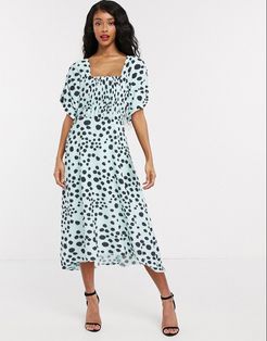 midi dress with shirred bodice in dalmatian polka dot-Blues