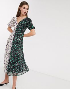 midi tea dress with back detail in mixed floral prints-Multi