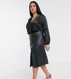 belted midi skirt in faux leather-Black