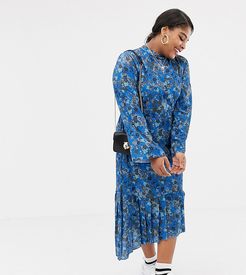 pleated midi dress with tie back detail in bluebell floral print-Blues