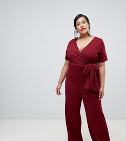 plunge jumpsuit with wrap tie waist-Red