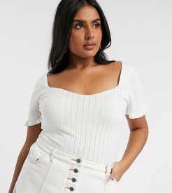 top with frill hem in rib knit-White