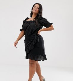 Wrap Front Mini Skirt With Brooderie Frill Hem-Black