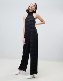 sleeveless jumpsuit with buckle collar in tonal stripe-Black