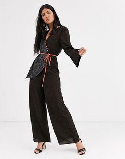 tea jumpsuit with constrast tie waist-Multi