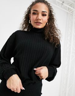mix & match soft knit rib oversized high neck sweater in black
