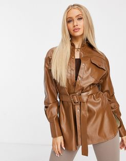 faux leather oversized shirt dress in brown