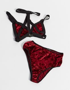 sexy velvet contrast cage detail bralette and underwear set in red