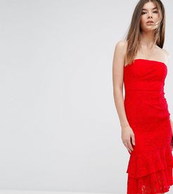 Bandeau Midi Dress with Double Frill-Red