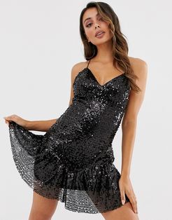 cami stap sequin mini dress with drop hem in black