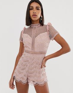 high neck cutwork lace romper in pink