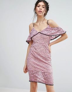 Lace Cold Shoudler Midi Dress With Contrast Trim-Pink