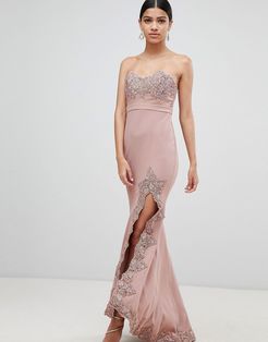 lace trim bandeau maxi dress with thigh split-Pink