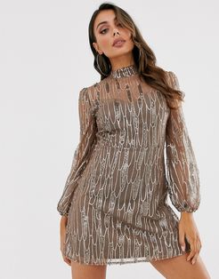long sleeve mini dress with foiled mesh overlay in black and gold-Multi