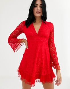 plunge front lace skater dress in red