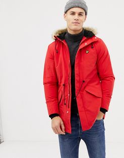 fleece lined hooded parka with faux fur trim in red