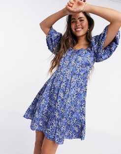 broderie floral smock dress in blue-Blues