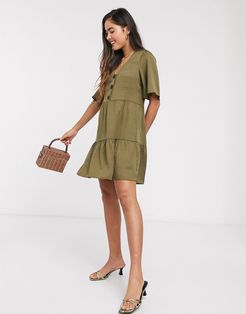 buttoned mini smock dress in khaki-Pink