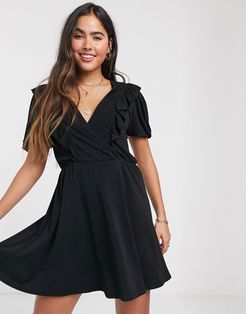 ruffle detail mini dress in black