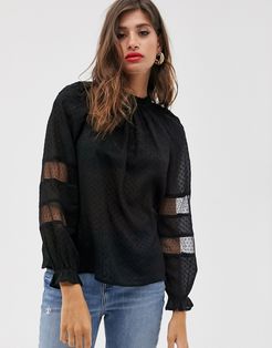 sheer dobby embroidered blouse in black