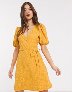 volume sleeve wrap dress in yellow polka dot