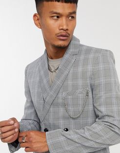 double breasted check blazer with chain in gray
