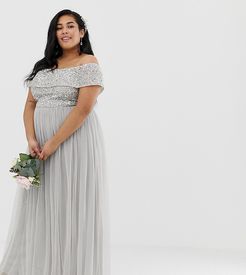 Bridesmaid bardot maxi tulle dress with tonal delicate sequins in silver-Gray